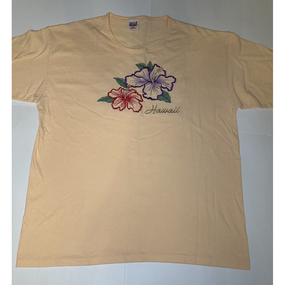 Vintage Hawaii Single Stitch Women’s T Shirt Flower Embroidery Peach USA Size XL